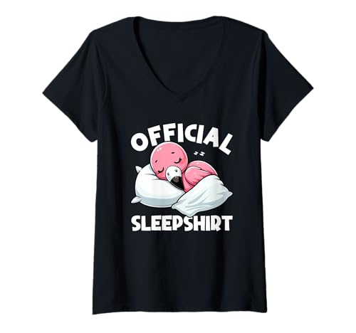 Damen Offizielles Schlafshirt Flamingo Lazy Napper Sleep Pyjama T-Shirt mit V-Ausschnitt von Official Sleepshirt Lazy Animals Sleepwear Pajamas