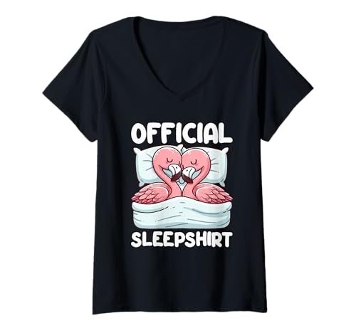 Damen Offizielles Schlafshirt Flamingo Schlafende Tiere Nachthemd T-Shirt mit V-Ausschnitt von Official Sleepshirt Lazy Animals Sleepwear Pajamas