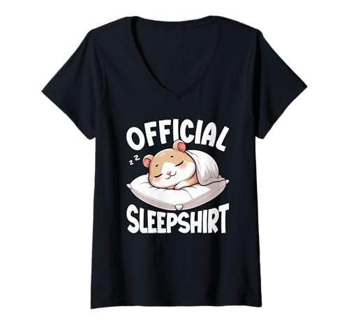 Damen Offizielles Schlafshirt Hamster Lazy Napper Sleep Pyjama T-Shirt mit V-Ausschnitt von Official Sleepshirt Lazy Animals Sleepwear Pajamas