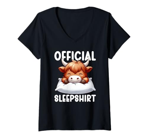 Damen Offizielles Schlafshirt Highland Cow Lazy Napper Pyjama T-Shirt mit V-Ausschnitt von Official Sleepshirt Lazy Animals Sleepwear Pajamas