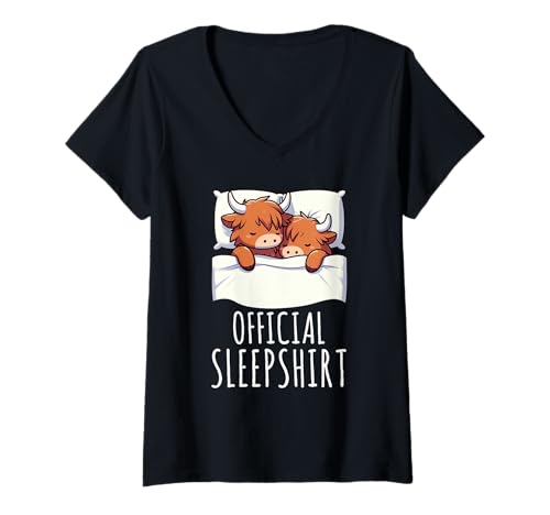 Damen Offizielles Schlafshirt Highland Cow Lazy Napper Pyjama T-Shirt mit V-Ausschnitt von Official Sleepshirt Lazy Animals Sleepwear Pajamas