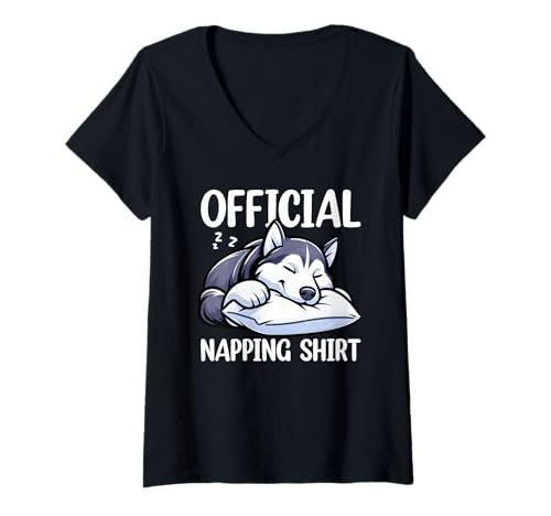 Damen Offizielles Schlafshirt Husky Nap Lovers Lazy Pyjama T-Shirt mit V-Ausschnitt von Official Sleepshirt Lazy Animals Sleepwear Pajamas