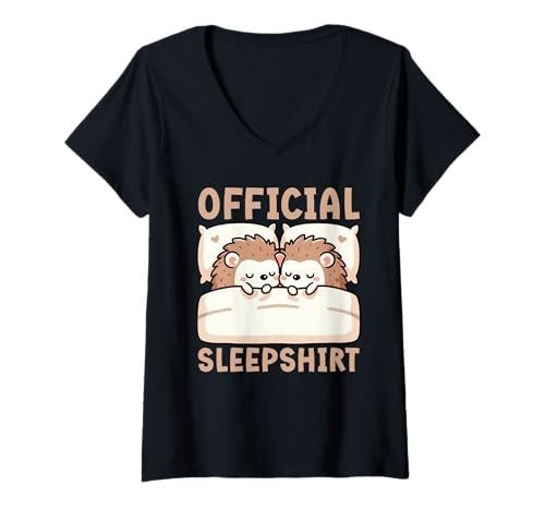 Damen Offizielles Schlafshirt Igel schlafendes sarkastisches Nachthemd T-Shirt mit V-Ausschnitt von Official Sleepshirt Lazy Animals Sleepwear Pajamas