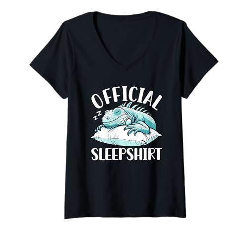 Damen Offizielles Schlafshirt Iguana Lazy Sleeper Nap Pyjama T-Shirt mit V-Ausschnitt von Official Sleepshirt Lazy Animals Sleepwear Pajamas