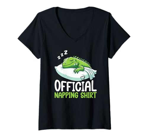 Damen Offizielles Schlafshirt Iguana Lazy Sleeper Sleep Pyjama T-Shirt mit V-Ausschnitt von Official Sleepshirt Lazy Animals Sleepwear Pajamas