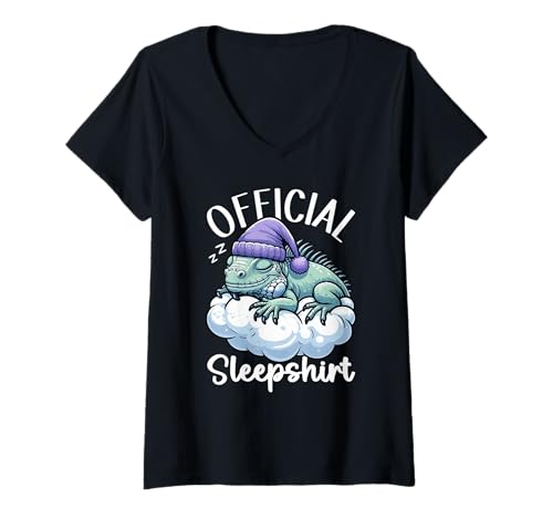 Damen Offizielles Schlafshirt Iguana Lustige Nachtwäsche Pyjama Schlafen T-Shirt mit V-Ausschnitt von Official Sleepshirt Lazy Animals Sleepwear Pajamas