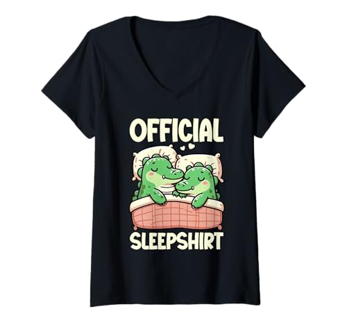 Damen Offizielles Schlafshirt Krokodil Napper Late Riser Nachthemd T-Shirt mit V-Ausschnitt von Official Sleepshirt Lazy Animals Sleepwear Pajamas