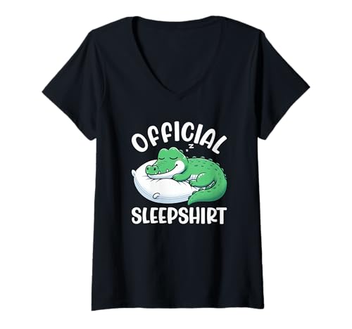 Damen Offizielles Schlafshirt Krokodil sarkastische schlafende Tiere T-Shirt mit V-Ausschnitt von Official Sleepshirt Lazy Animals Sleepwear Pajamas