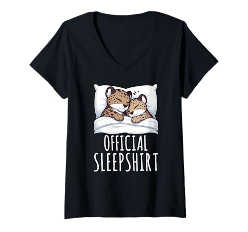 Damen Offizielles Schlafshirt Leopard Lazy Napper Sleep Pyjama T-Shirt mit V-Ausschnitt von Official Sleepshirt Lazy Animals Sleepwear Pajamas