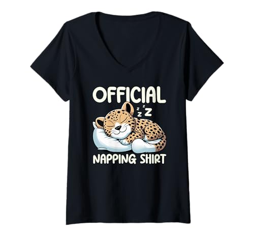 Damen Offizielles Schlafshirt Leopard Lazy Sleeper Nap Pyjama T-Shirt mit V-Ausschnitt von Official Sleepshirt Lazy Animals Sleepwear Pajamas