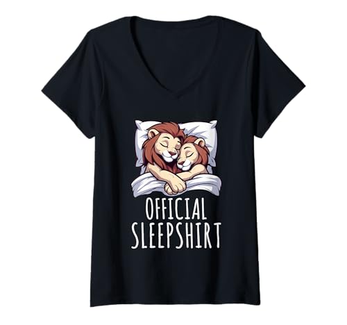 Damen Offizielles Schlafshirt Löwe, lustiger Schlafanzug, Schlafanzug, Schlafanzug, Schlafanzug, Schlafanzug, lustig T-Shirt mit V-Ausschnitt von Official Sleepshirt Lazy Animals Sleepwear Pajamas
