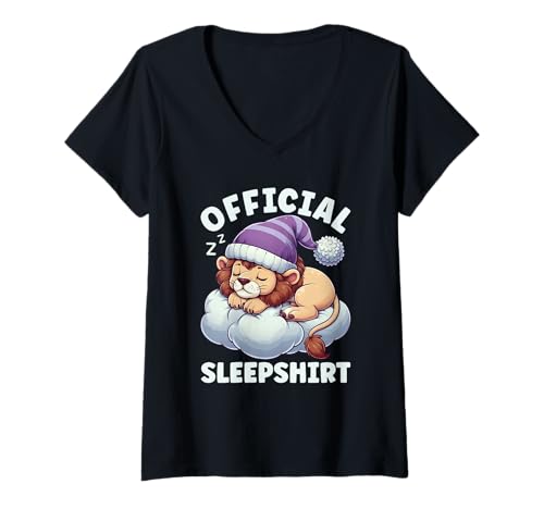 Damen Offizielles Schlafshirt Löwe sarkastischer Napper Pyjama T-Shirt mit V-Ausschnitt von Official Sleepshirt Lazy Animals Sleepwear Pajamas