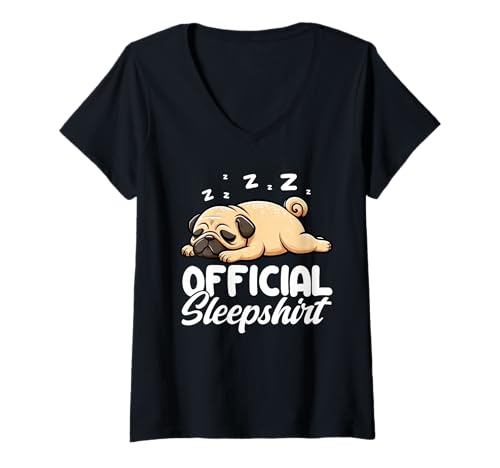 Damen Offizielles Schlafshirt Mops Nickerchen Pyjama Funny Sleeping Vibes T-Shirt mit V-Ausschnitt von Official Sleepshirt Lazy Animals Sleepwear Pajamas