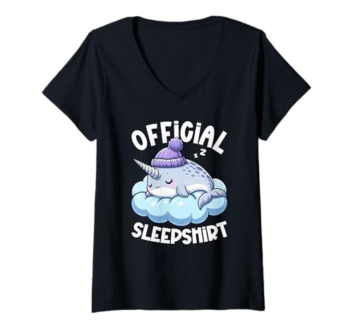 Damen Offizielles Schlafshirt Narwhal Bedtime Humor Pyjama T-Shirt mit V-Ausschnitt von Official Sleepshirt Lazy Animals Sleepwear Pajamas