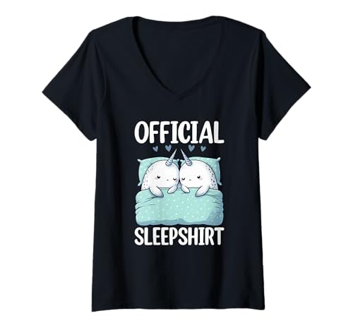 Damen Offizielles Schlafshirt Narwhal Bedtime Humor Pyjama T-Shirt mit V-Ausschnitt von Official Sleepshirt Lazy Animals Sleepwear Pajamas