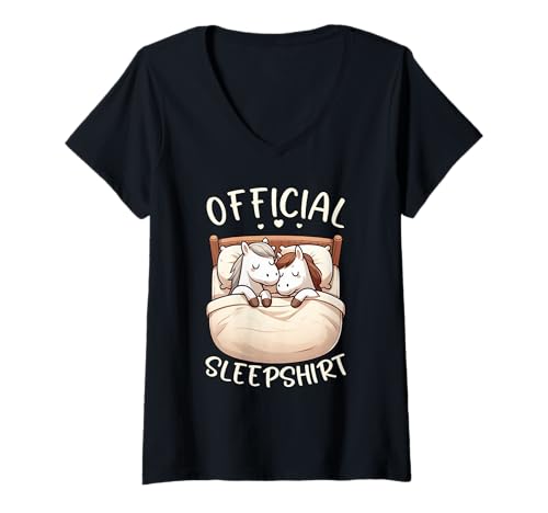 Damen Offizielles Schlafshirt Pferd Gemütliche Nachtwäsche Schlafende Tiere T-Shirt mit V-Ausschnitt von Official Sleepshirt Lazy Animals Sleepwear Pajamas