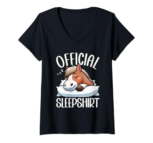 Damen Offizielles Schlafshirt Pferd Lustiger Napper Schlafpyjama T-Shirt mit V-Ausschnitt von Official Sleepshirt Lazy Animals Sleepwear Pajamas