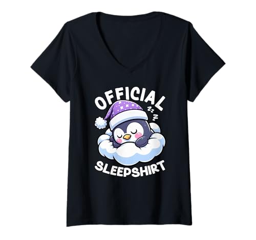 Damen Offizielles Schlafshirt Pinguin Pyjama Nap Pride Nachtwäsche T-Shirt mit V-Ausschnitt von Official Sleepshirt Lazy Animals Sleepwear Pajamas