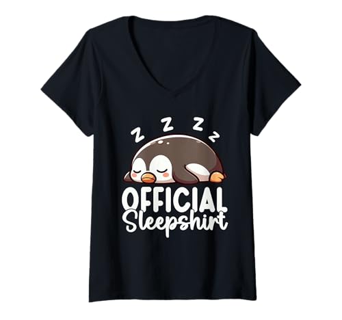 Damen Offizielles Schlafshirt Pinguin Pyjama Schlafenszeit Humor Sleeper T-Shirt mit V-Ausschnitt von Official Sleepshirt Lazy Animals Sleepwear Pajamas
