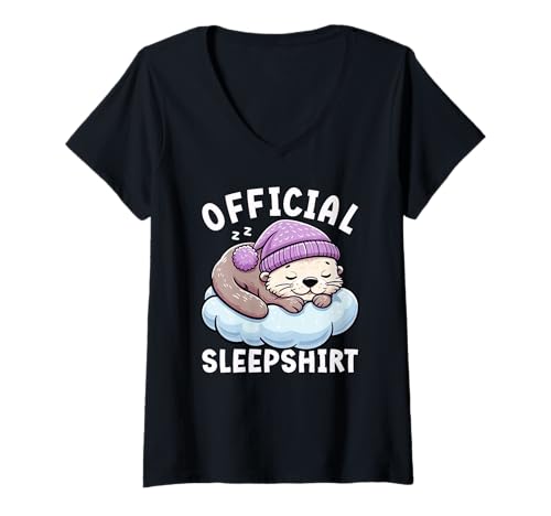 Damen Offizielles Schlafshirt Sea Otter Pyjama Lazy Sleeper Sarcasm T-Shirt mit V-Ausschnitt von Official Sleepshirt Lazy Animals Sleepwear Pajamas
