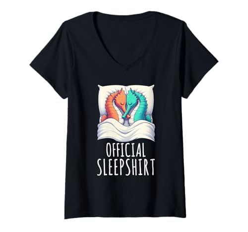 Damen Offizielles Schlafshirt Seepferdchen Nickerchen Schlaf Pyjama T-Shirt mit V-Ausschnitt von Official Sleepshirt Lazy Animals Sleepwear Pajamas