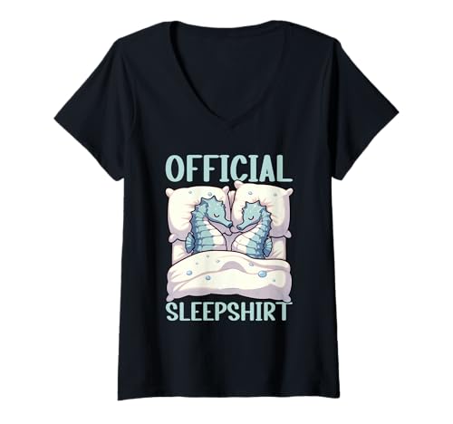 Damen Offizielles Schlafshirt Seepferdchen Pyjama Nickerchen Schlaf Humor T-Shirt mit V-Ausschnitt von Official Sleepshirt Lazy Animals Sleepwear Pajamas