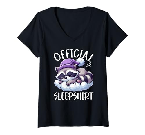 Damen Offizielles Schlafshirt Waschbär Pyjama Nickerchen Pride Nachtwäsche T-Shirt mit V-Ausschnitt von Official Sleepshirt Lazy Animals Sleepwear Pajamas