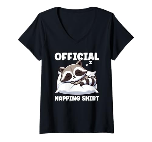Damen Offizielles Schlafshirt Waschbär Pyjama Schlafenszeit Humor Sleeper T-Shirt mit V-Ausschnitt von Official Sleepshirt Lazy Animals Sleepwear Pajamas