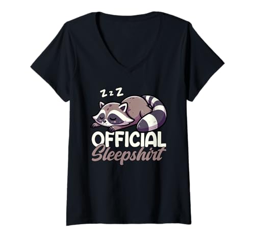 Damen Offizielles Schlafshirt Waschbär Pyjama Schlafenszeit Humor Sleeper T-Shirt mit V-Ausschnitt von Official Sleepshirt Lazy Animals Sleepwear Pajamas