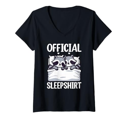 Damen Offizielles Schlafshirt Waschbär Schlafpyjama sarkastischer Humor T-Shirt mit V-Ausschnitt von Official Sleepshirt Lazy Animals Sleepwear Pajamas
