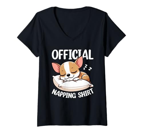 Damen Offizielles Sleepshirt Chihuahua Bedtime Sleepyhead Pyjama T-Shirt mit V-Ausschnitt von Official Sleepshirt Lazy Animals Sleepwear Pajamas