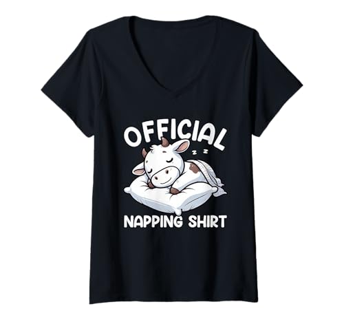 Damen Offizielles Sleepshirt Cow Lazy Napper Sleep Nachtwäsche T-Shirt mit V-Ausschnitt von Official Sleepshirt Lazy Animals Sleepwear Pajamas