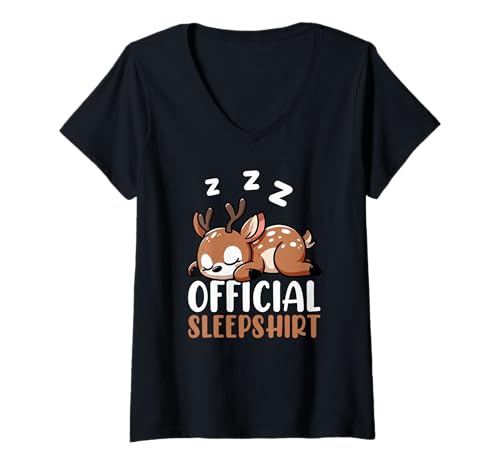 Damen Offizielles Sleepshirt Deer Bedtime Sleepyhead Pyjama T-Shirt mit V-Ausschnitt von Official Sleepshirt Lazy Animals Sleepwear Pajamas