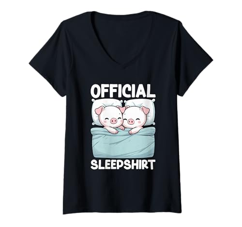 Damen Offizielles Sleepshirt Ferkel Pyjama Sleephead Bedtime Vibes T-Shirt mit V-Ausschnitt von Official Sleepshirt Lazy Animals Sleepwear Pajamas