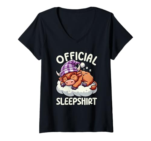 Damen Offizielles Sleepshirt Highland Cow Funny Sleepyhead Pyjama T-Shirt mit V-Ausschnitt von Official Sleepshirt Lazy Animals Sleepwear Pajamas