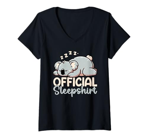 Damen Offizielles Sleepshirt Koala Sleepy Nachtwäsche Pyjama T-Shirt mit V-Ausschnitt von Official Sleepshirt Lazy Animals Sleepwear Pajamas