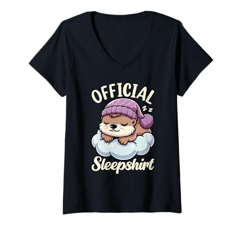 Damen Offizielles Sleepshirt Otter Nachtwäsche Lazy Sleeper Bedtime T-Shirt mit V-Ausschnitt von Official Sleepshirt Lazy Animals Sleepwear Pajamas