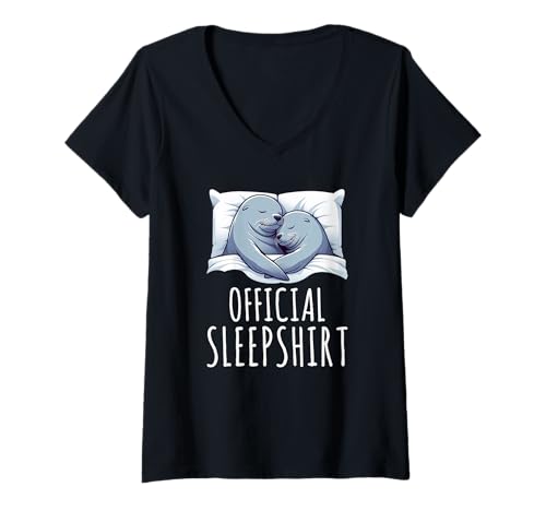 Damen Offizielles Sleepshirt Sea Lion Nickerchen Schlaf Pyjama Schlaf T-Shirt mit V-Ausschnitt von Official Sleepshirt Lazy Animals Sleepwear Pajamas