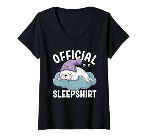 Damen Offizielles Sleepshirt Seal Pyjama Lazy Sleep Humor T-Shirt mit V-Ausschnitt von Official Sleepshirt Lazy Animals Sleepwear Pajamas