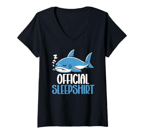 Damen Offizielles Sleepshirt Shark Pyjama Sleep Pride Nachtwäsche T-Shirt mit V-Ausschnitt von Official Sleepshirt Lazy Animals Sleepwear Pajamas
