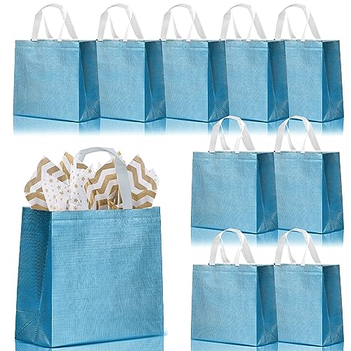 Offizon 12 große blaue Einkaufstüten, wiederverwendbare Geschenktüten mit goldfarbenem Seidenpapier, wasserdichte Einkaufstaschen, faltbare Taschen für Muttertag und Valentinstag (32 x 12 x 28 cm) von Offizon