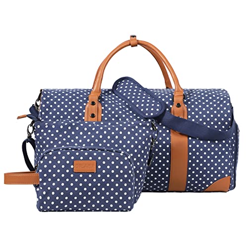 Oflamn Weekender Bag für Damen und Herren, Canvas, Übernachtungstasche, Handgepäcktasche, große Reisetasche mit Schuhfach, 3 x blau-weiße Punkte von Oflamn