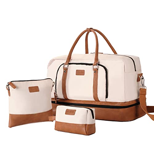 Oflamn Weekender Tasche für Damen, Canvas, Übernachtungstasche, große Reisetasche, Handgepäck, Wochenendtasche mit Schuhfach, 3-teiliges Set, Beige von Oflamn