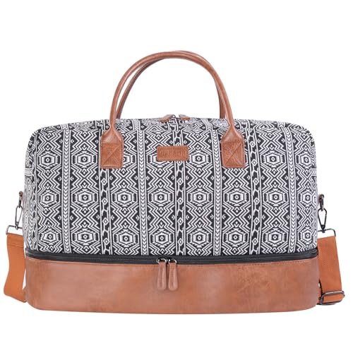 Reisetasche Damen Groß Segeltuch Handgepäck Böhmischer Stil Weekender Tasche for Frauen (Schwarz & Weiß) von Oflamn