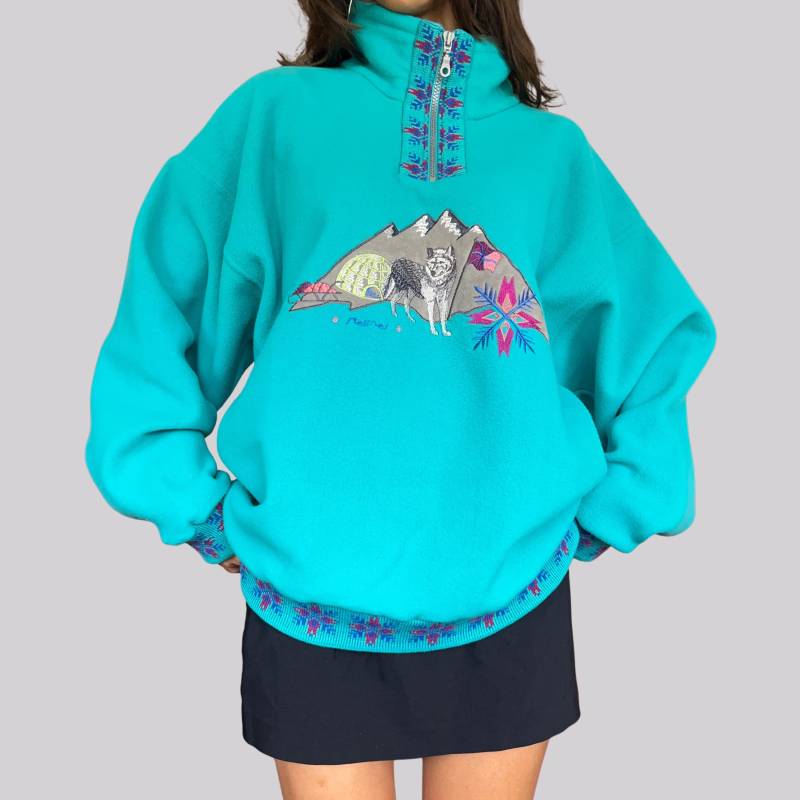 Vintage 80Er/90Er Fleece Sweater Steffner/Motiv Größe S M Unisex Türkis Bunt Strickmuster von OftimespastvintageAT