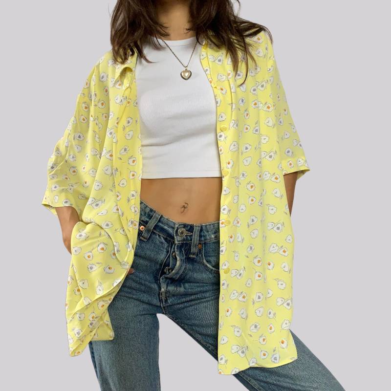 Vintage 80Er Bluse Kurzarm Mit Blumen/Gelb Weiß L von OftimespastvintageAT