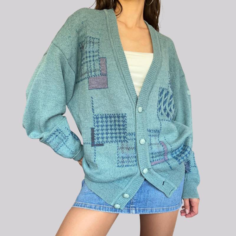 Vintage 80Er Strickweste/Cardigan Türkis Xl Oversize Schurwolle Baumwolle von OftimespastvintageAT