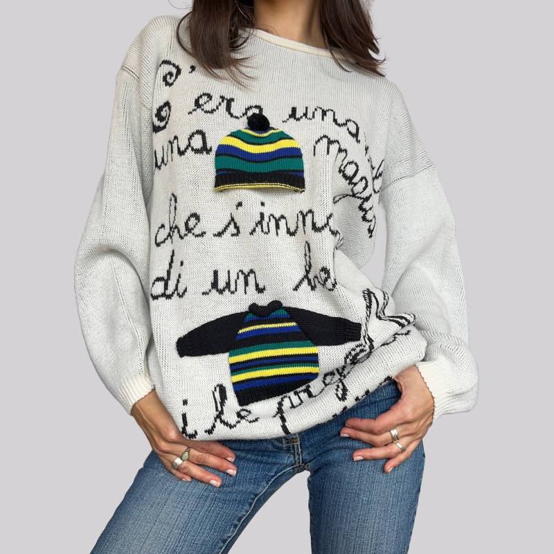 Vintage 80Er Sweater/Gestrickte Motive Wolle Größe 38 S M Schriftzug Weiß Creme Strickpullover Roylon Baggy Fit Retro von OftimespastvintageAT
