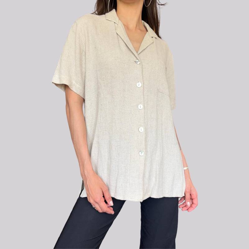 Vintage Kurzarm Bluse Leinen/Beige Größe 38 S M Viskose Luftig Perlmutt von OftimespastvintageAT