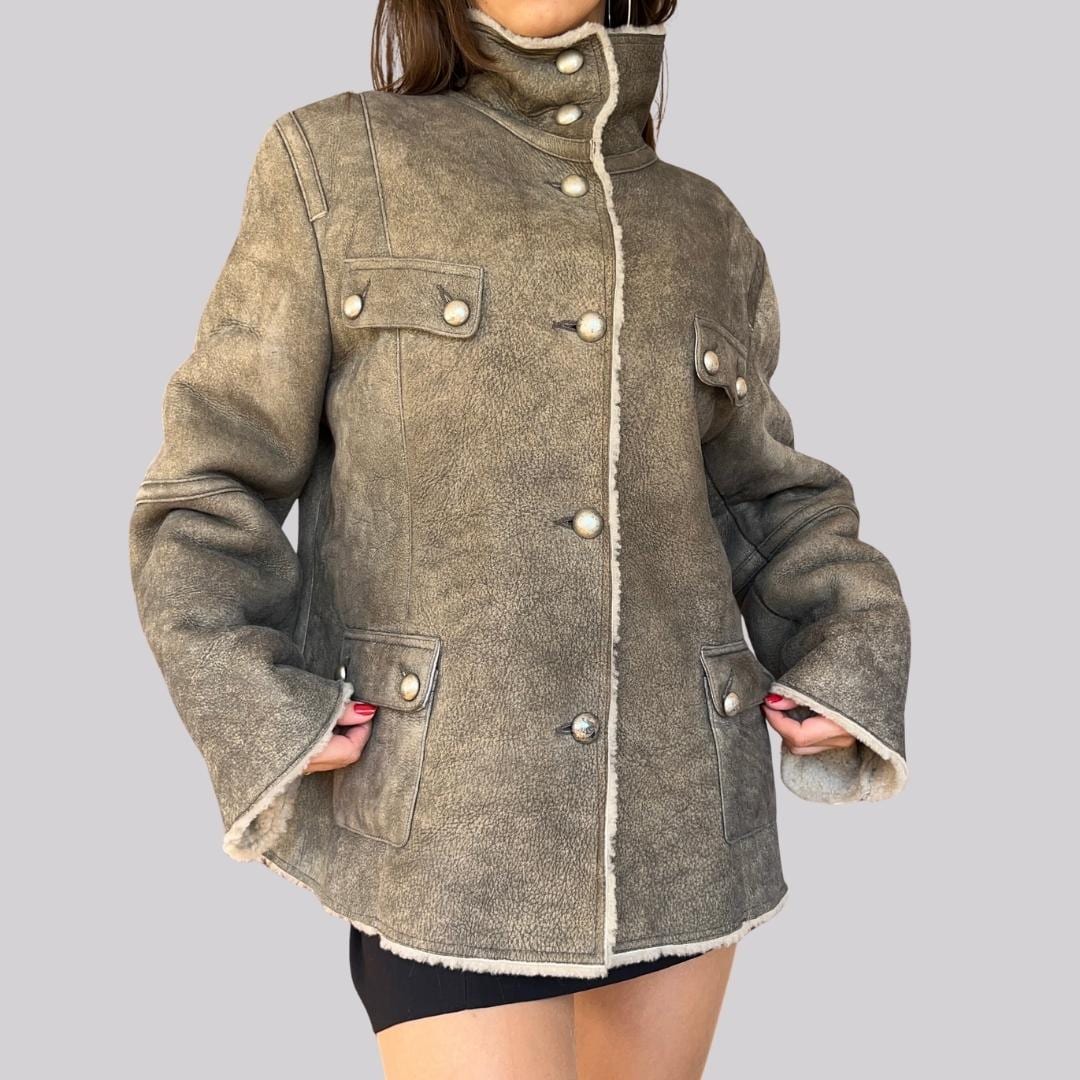Vintage Lederjacke Lammfell/Grau Größe 44 L Shearling Jacke von OftimespastvintageAT